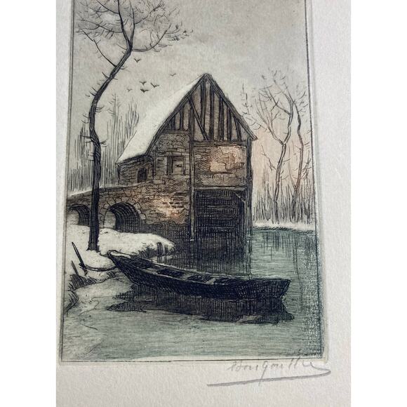 Broyelle Signed Hand-Colored Etchings Pair Rustic Winter French Folk Art Vibe - Picture 4 of 6